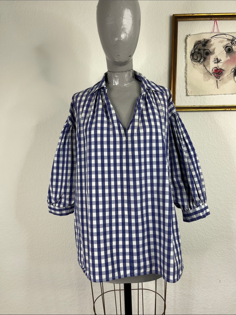 VTG French Belair Gingham Billowy Gathered Blouse